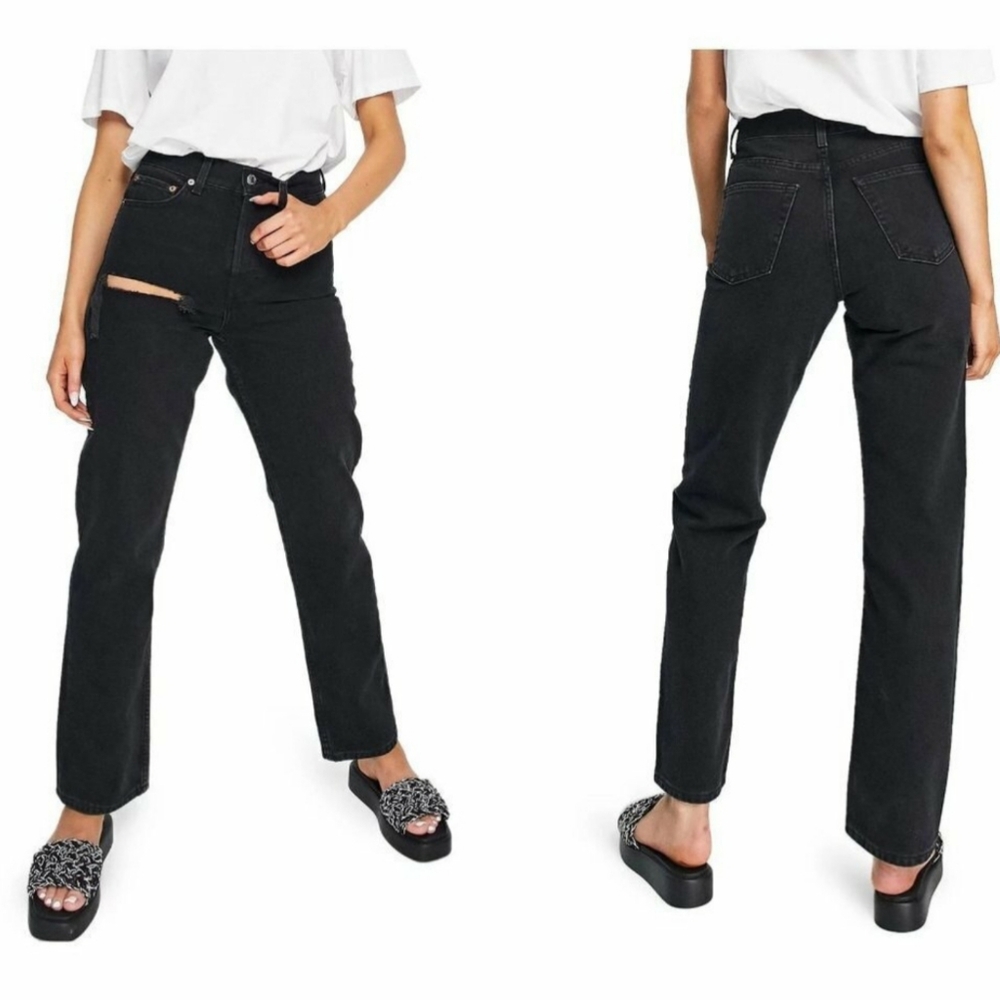 NWT Topshop Ripped Straight Leg Dad Jeans Black 26P Preppy